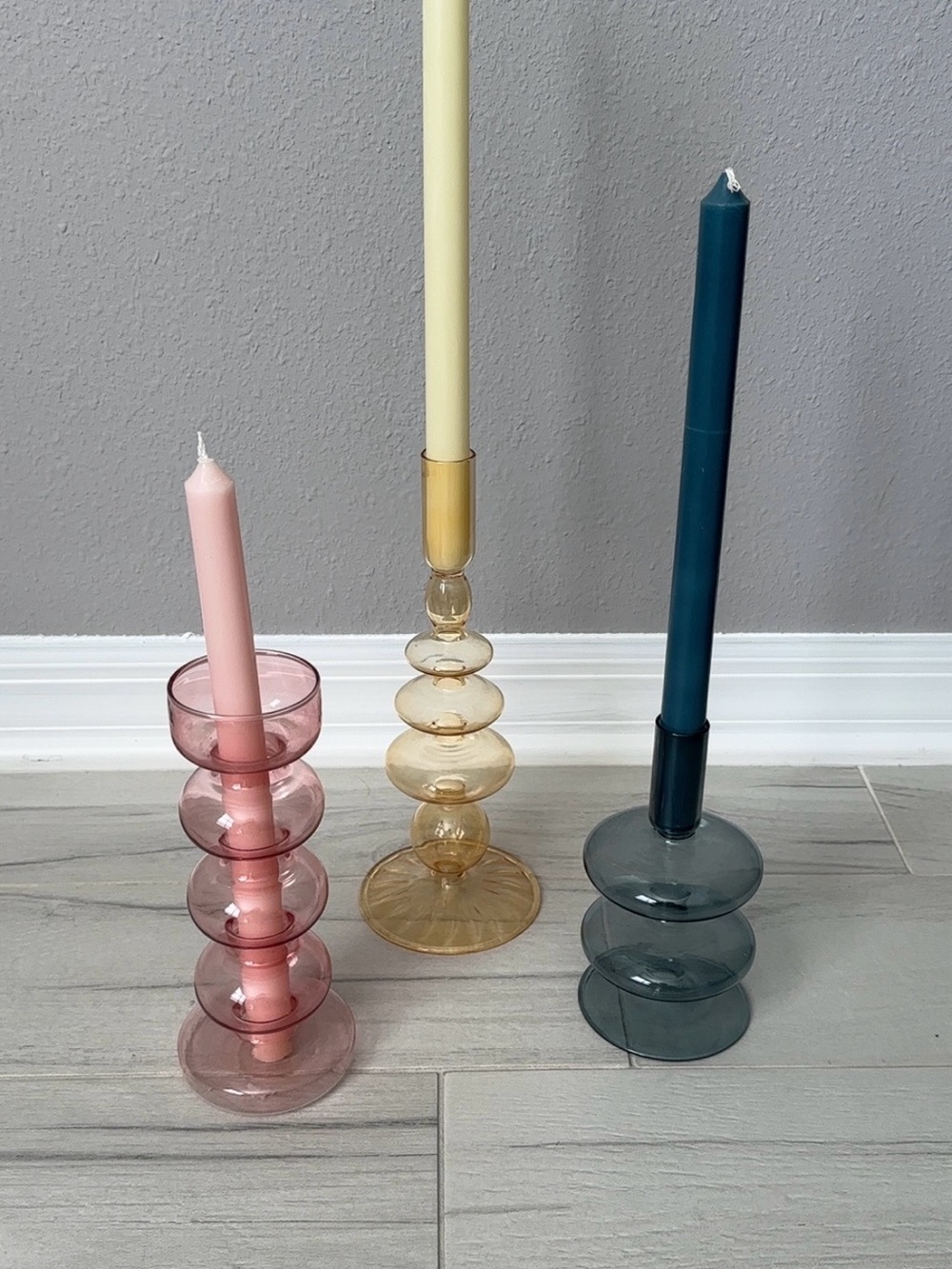 Anthropologie Glass Bubble Candlestick Trio in Pink, Amber & Slate